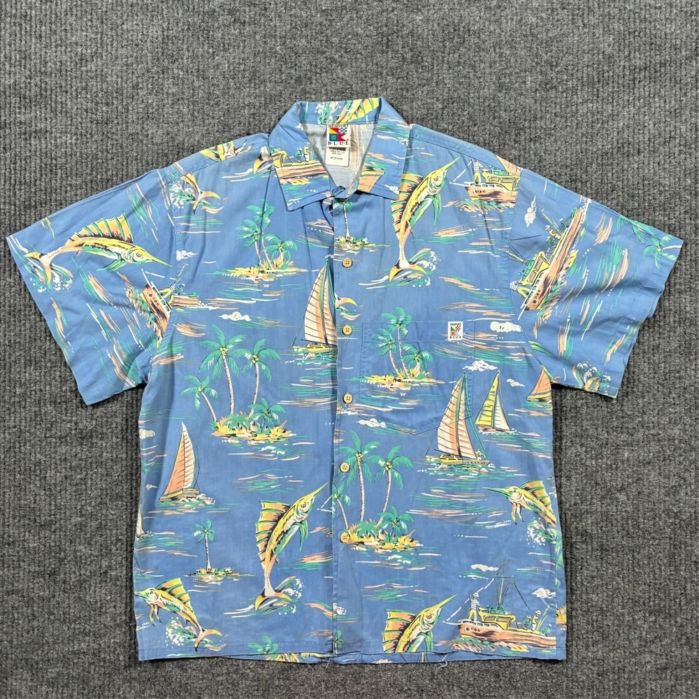 Vintage Newport Blue Hawaiian Shirt Mens Medium Rayon Fish Sailboat Aloha Camp